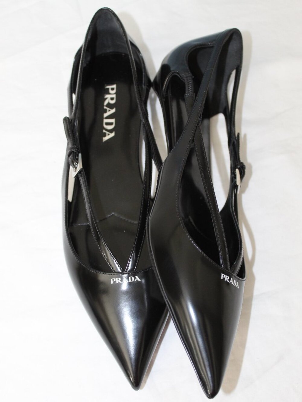 NWB PRADA Pointed Toe Strappy Ballet Flats Loafers Black Leather 38.5